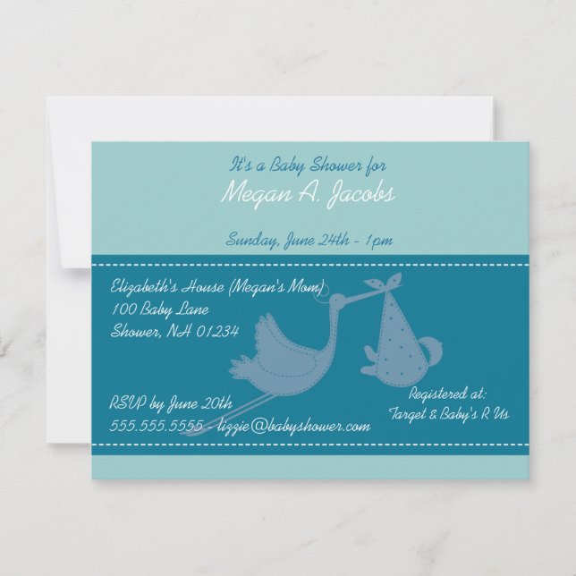 Blue Stork Baby Shower Einladungskarten (Vorderseite)