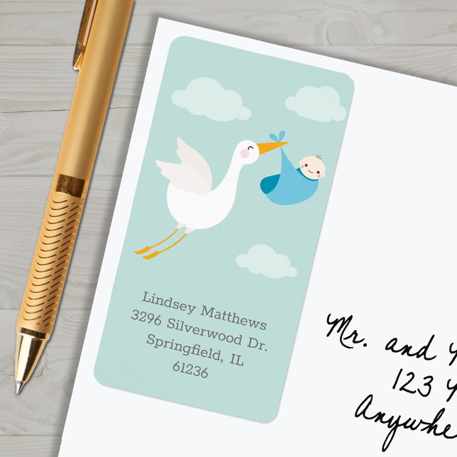 Blue Stork Bundle Baby Dusche Rücksendeadresse Adressaufkleber (Blue stork bundle boy baby shower return address labels)