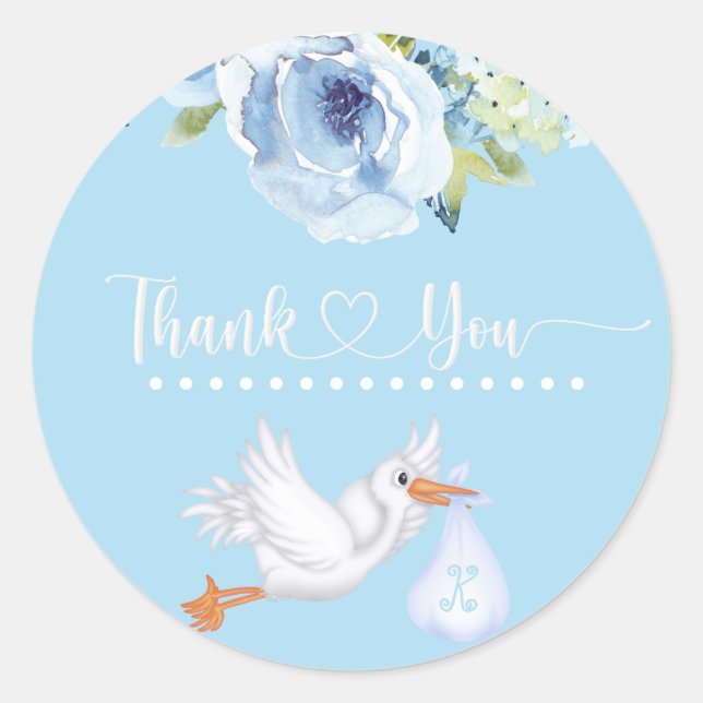 Blue Stork Monogram Floral Baby Dusche Vielen Dank Runder Aufkleber (Vorderseite)