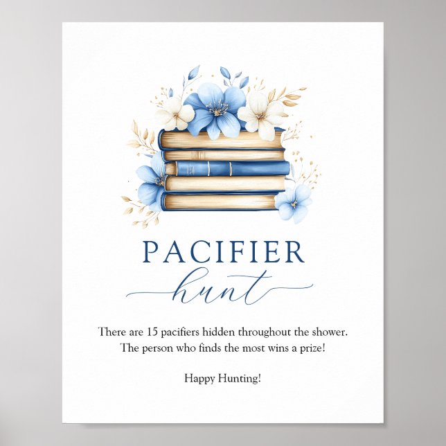 Blue Storybook Baby Shower Pacifier Hunt Game Sign Poster (Vorne)