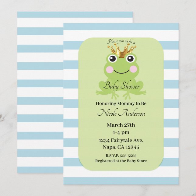 Blue Storybook Fairy Tale Frog Prince Baby Dusche Einladung (Vorne/Hinten)