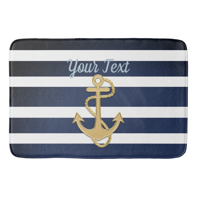 Blue Streifen & Gold Anker Nautic Badematte (Vorderseite)