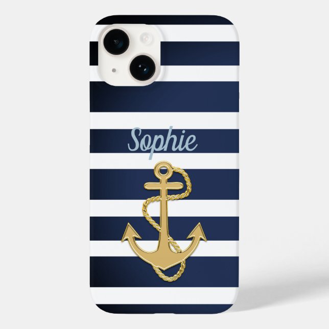 Blue Streifen & Gold Anker Nautic Case-Mate iPhone 14 Hülle (Rückseite)