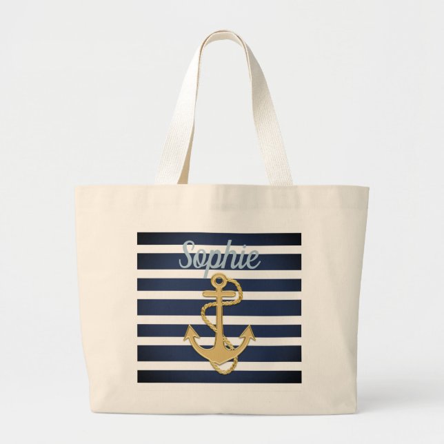 Blue Streifen & Gold Anker Nautic Jumbo Stoffbeutel (Vorne)