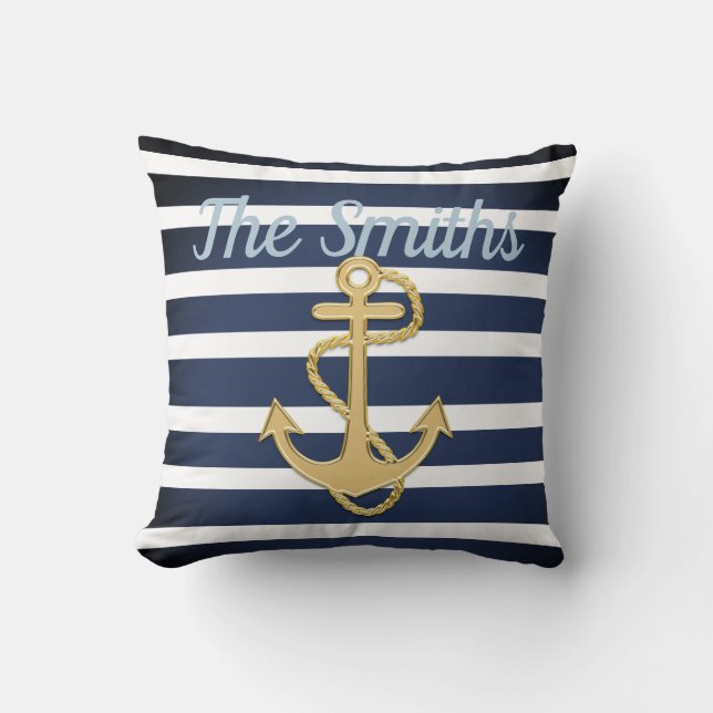 Blue Streifen & Gold Anker Nautic Kissen (Vorderseite)