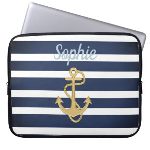 Blue Streifen & Gold Anker Nautic Laptopschutzhülle
