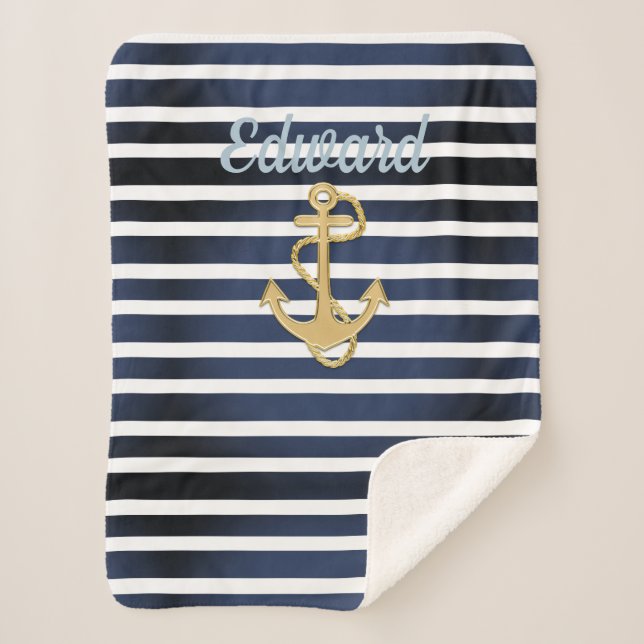 Blue Streifen & Gold Anker Nautic Sherpadecke (Vorderseite)