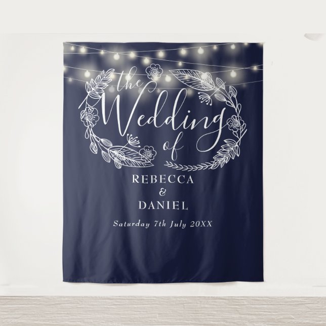 Blue String Lights Hochzeitshighlight Foto Hinterg Wandteppich (Vorderseite)