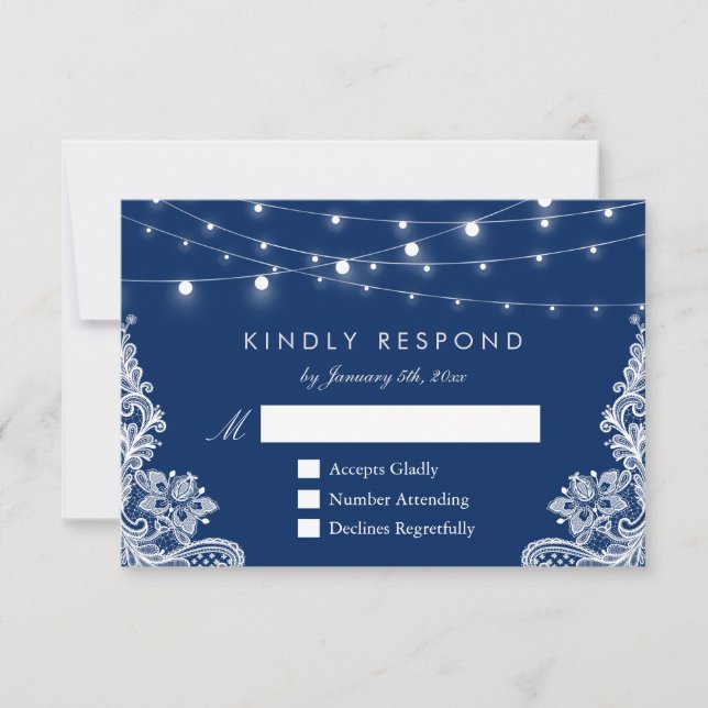 Blue String Lights Lace Wedding RSVP Antwort (Vorderseite)