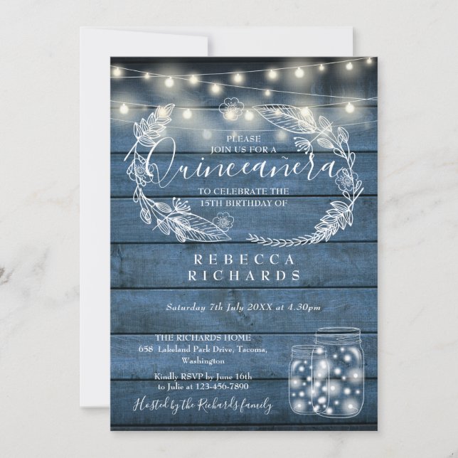 Blue String Lights Mason Jars Quinceañera 15. Einladung (Vorderseite)