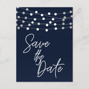 Blue String Lights Modern Script Save the Date Ankündigungspostkarte