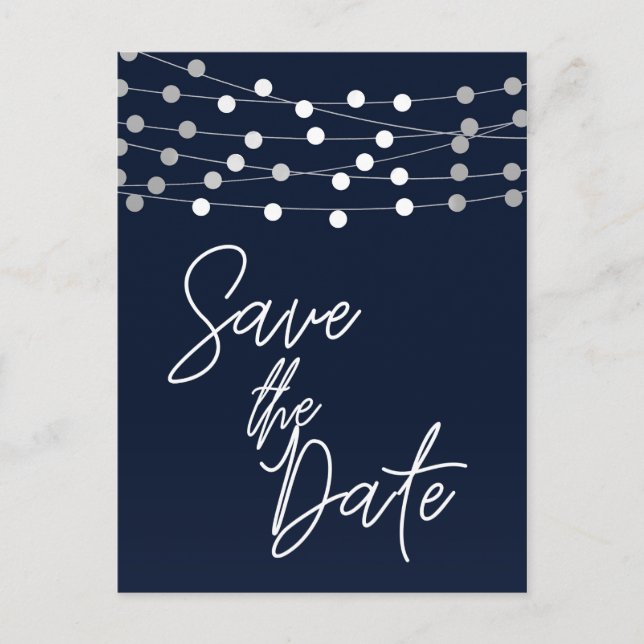 Blue String Lights Modern Script Save the Date Ankündigungspostkarte (Vorderseite)