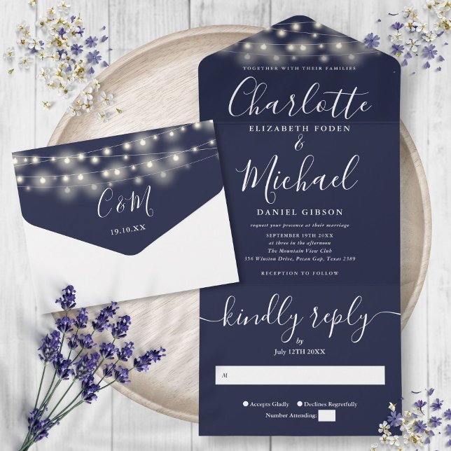 Blue String Lights Moderne SkriptWedding All In One Einladung (Navy Blue String Lights Modern Script Wedding All In One Invitation)