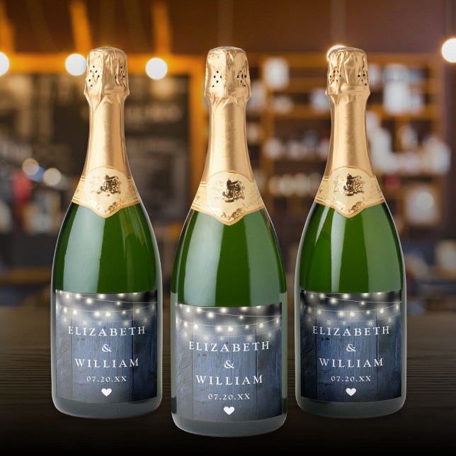 Blue String Lights Rustic Wood Boho Barn Wedding (Blue String Lights Rustic Wood Boho Barn Wedding Sparkling Wine Label)