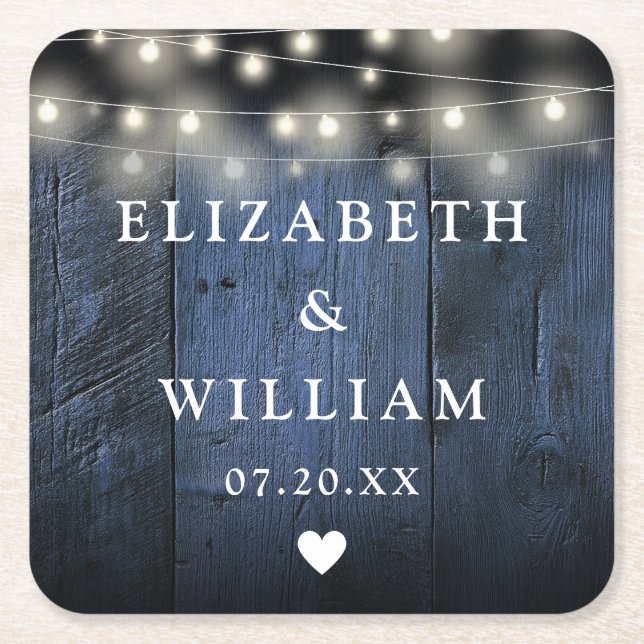 Blue String Lights Rustic Wood Boho Barn Wedding Rechteckiger Pappuntersetzer (Vorderseite)