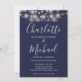 Blue String Lights Script Foto Wedding Einladung