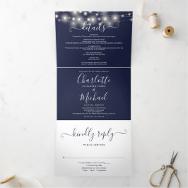 Blue String Lights Script Monogram Wedding Dreifach Gefaltete Einladung
