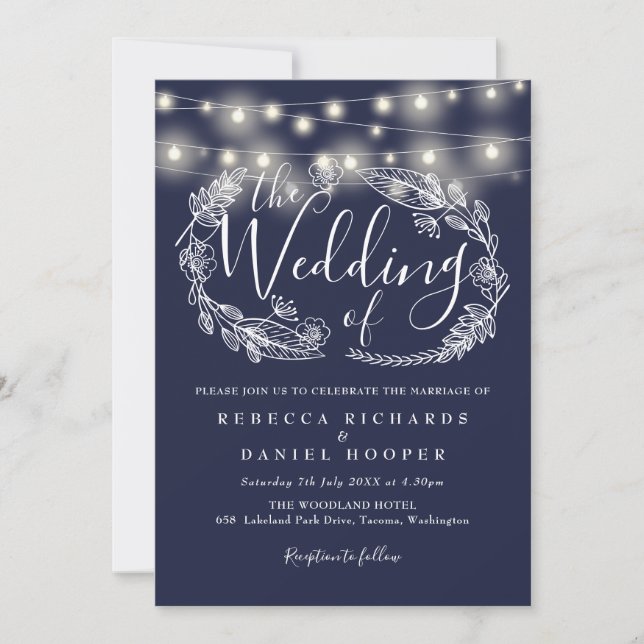 Blue String Lights Script Wedding Einladung (Vorderseite)