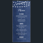 Blue String Lights Wedding Menu Card Menükarte<br><div class="desc">Moderne Hochzeitskarte mit schlichter, eleganter Linienleuchte, die über das Oberteil hängt und eine elegante Mischung aus modernen und kalligraphischen Script-Schriftart auf einem Imitat mit Aquarelltextur. Ein schlichtes und stilvolles Design, perfekt für den Sommer! Klicken Sie auf die Schaltfläche IT CUSTOMIZE, um Schriftart anzupassen, Text zu verschieben und Ihr eigenes einzigartiges...</div>