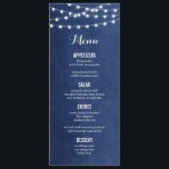Blue String Lights Wedding Menu Card Menükarte<br><div class="desc">Moderne Hochzeitskarte mit schlichter, eleganter Linienleuchte, die über das Oberteil hängt und eine elegante Mischung aus modernen und kalligraphischen Script-Schriftart auf einem Imitat mit Aquarelltextur. Ein schlichtes und stilvolles Design, perfekt für den Sommer! Klicken Sie auf die Schaltfläche IT CUSTOMIZE, um Schriftart anzupassen, Text zu verschieben und Ihr eigenes einzigartiges...</div>