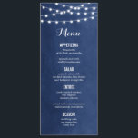 Blue String Lights Wedding Menu Card Menükarte<br><div class="desc">Moderne Hochzeitskarte mit schlichter, eleganter Linienleuchte, die über das Oberteil hängt und eine elegante Mischung aus modernen und kalligraphischen Script-Schriftart auf einem Imitat mit Aquarelltextur. Ein schlichtes und stilvolles Design, perfekt für den Sommer! Klicken Sie auf die Schaltfläche IT CUSTOMIZE, um Schriftart anzupassen, Text zu verschieben und Ihr eigenes einzigartiges...</div>