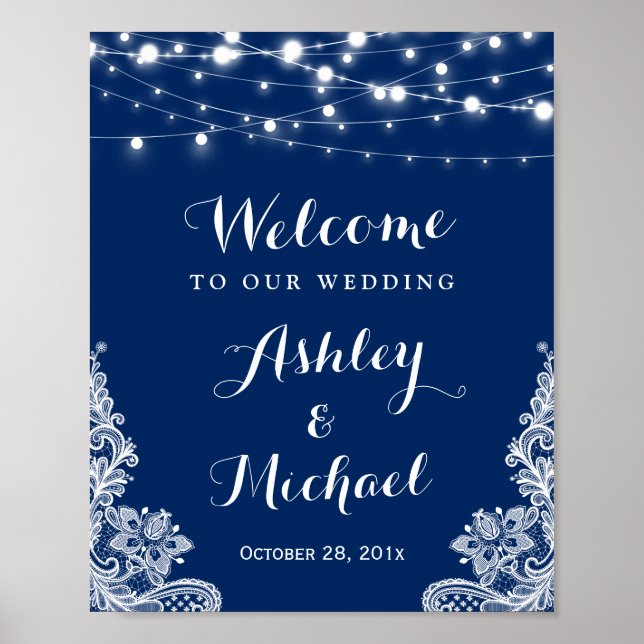 Blue String Lights White Lace Wedding Sign Poster (Vorne)