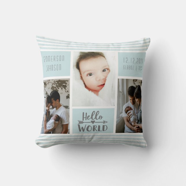 Blue Strip Foto Collage Baby Boy Birth Stats Kissen (Vorderseite)