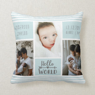 Blue Strip Foto Collage Baby Boy Birth Stats Kissen