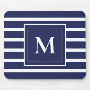 Blue Strip Modernes Monogram Coastal Beach Mousepad