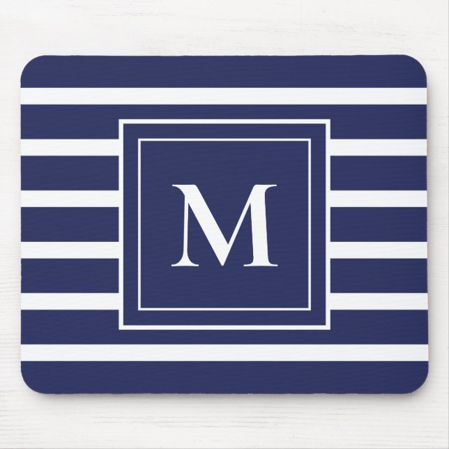 Blue Strip Modernes Monogram Coastal Beach Mousepad (Vorne)