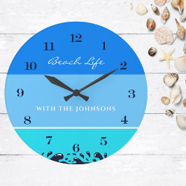 Blue Strip Ocean Waves Familienname Beach House Große Wanduhr