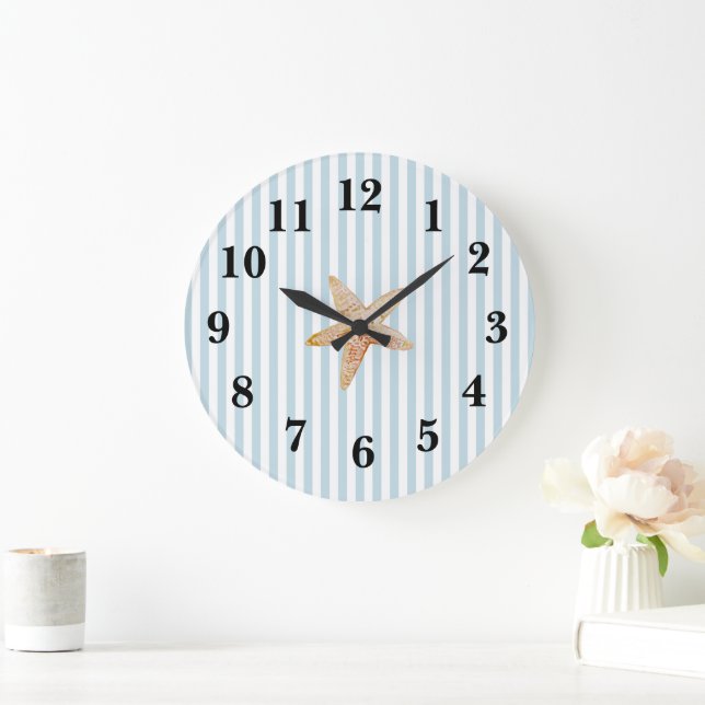 Blue Strip Preppy Starfish Large Clock Große Wanduhr (Zuhause)