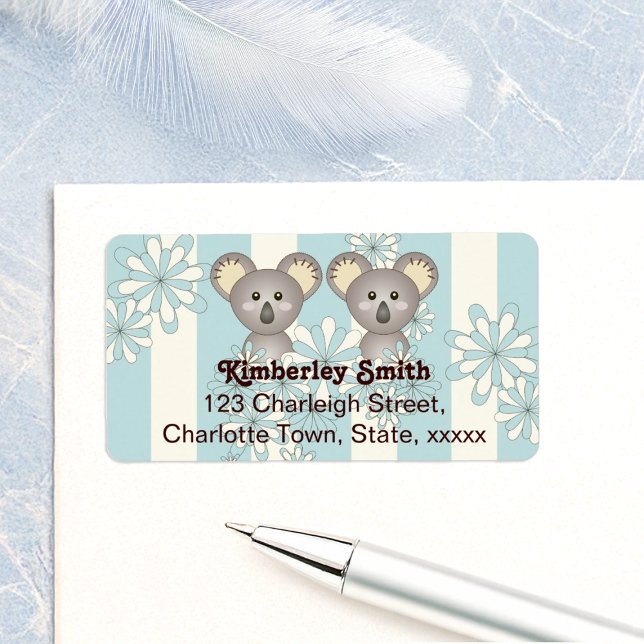 Blue Stripe Baby Koala Twin Kids Rücksendeadresse Adressaufkleber (Von Creator hochgeladen)