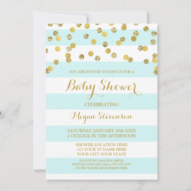 Blue Stripe Gold Confetti Babydusche Einladung (Rückseite)