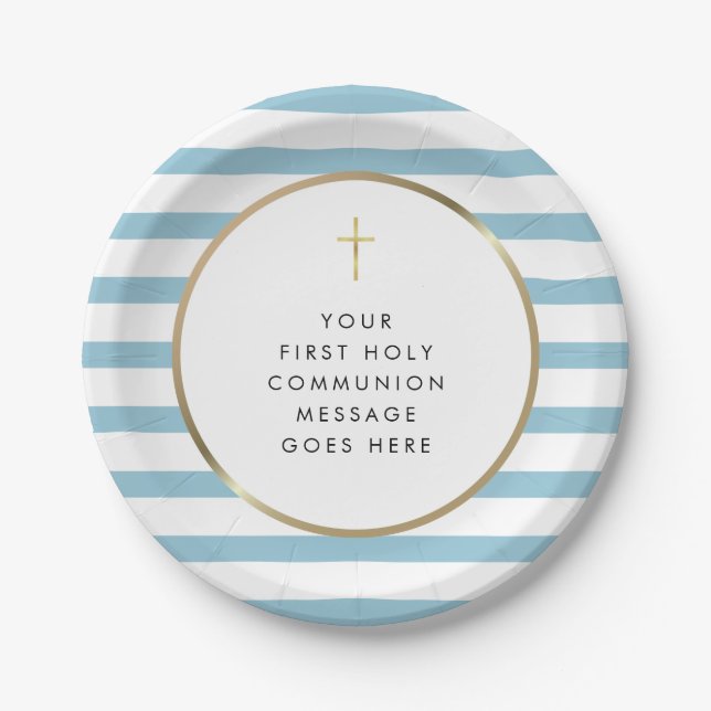 Blue Stripe Gold Cross Heilige Kommunion Nachricht Pappteller (Vorderseite)