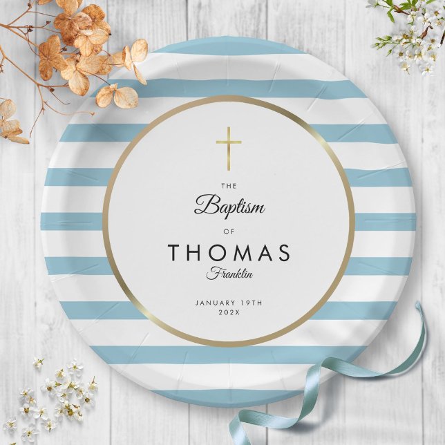 Blue Stripe Gold Cross Taufe Christening Pappteller (Blue Stripe Gold Cross Baptism Christening Paper Plates)