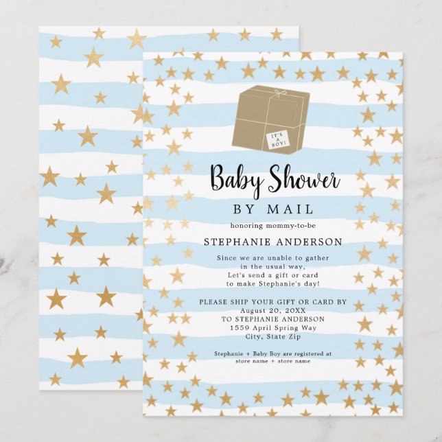 Blue Stripe + Gold Star Boy Baby Shower per E-Mail Einladung (Vorne/Hinten)