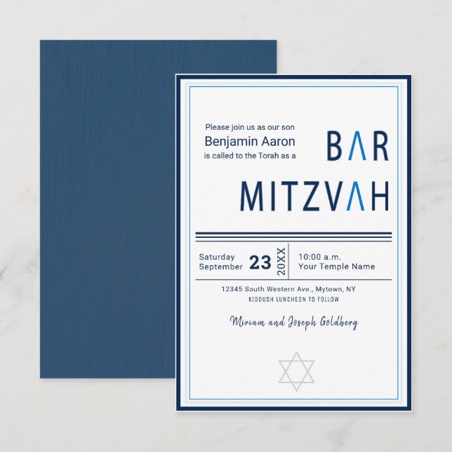 Blue Stripe Modern Bar Mitzvah Invitation (Devant / Derrière)