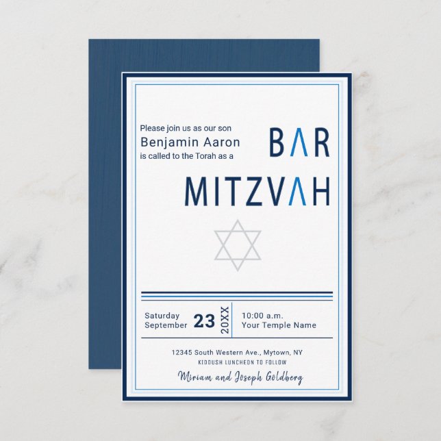 Blue Stripe Modern Bar Mitzvah Invitation (Devant / Derrière)