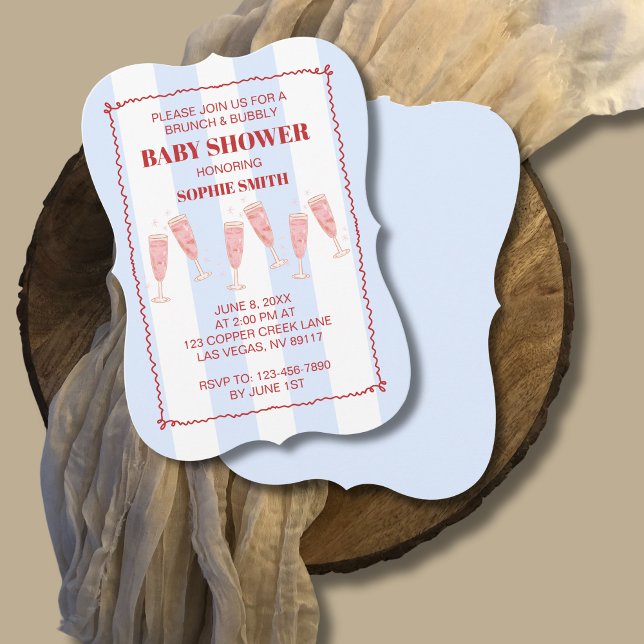 Blue Stripe Red Border Brunch & Bubbly Babydusche Einladung (Von Creator hochgeladen)
