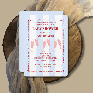 Blue Stripe Red Border Brunch & Bubbly Babydusche Einladung