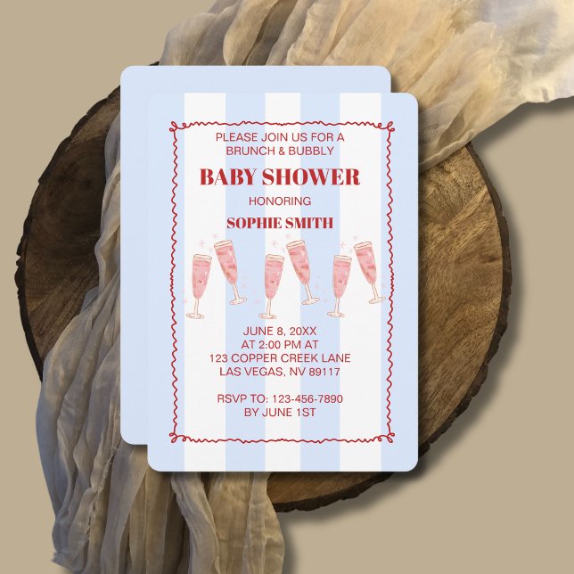 Blue Stripe Red Border Brunch & Bubbly Babydusche Einladung (Von Creator hochgeladen)