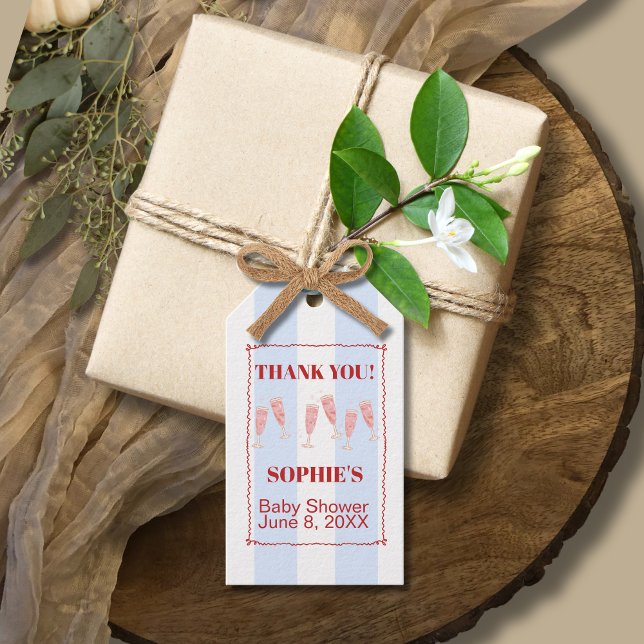 Blue Stripe Red Border Brunch & Bubbly Babydusche Geschenkanhänger (Von Creator hochgeladen)