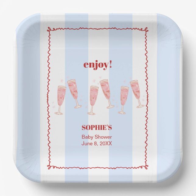 Blue Stripe Red Border Brunch & Bubbly Babydusche Pappteller (Vorderseite)