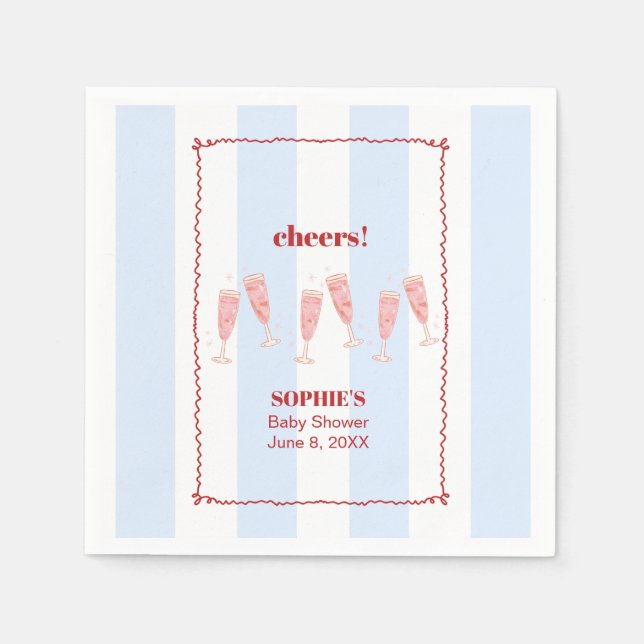 Blue Stripe Red Border Brunch & Bubbly Babydusche Serviette (Vorderseite)