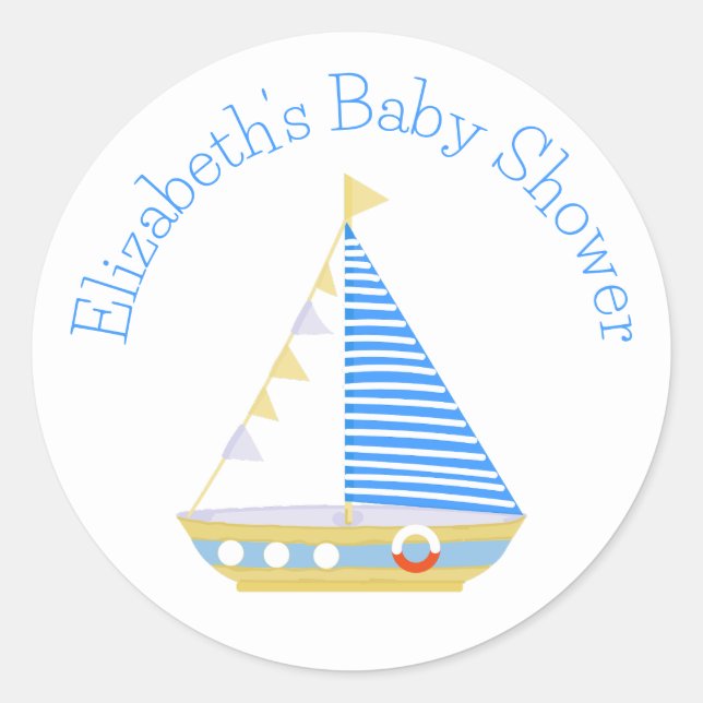 Blue Stripe Sailboat Babydusche Runder Aufkleber (Vorderseite)