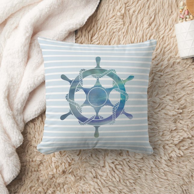 Blue Stripe Ship des Nautical Wheel Kissen (Decke)