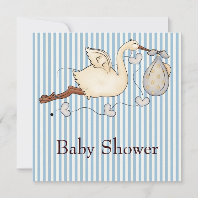 Blue Stripe Stork Baby Boy Dusche Einladung (Vorderseite)