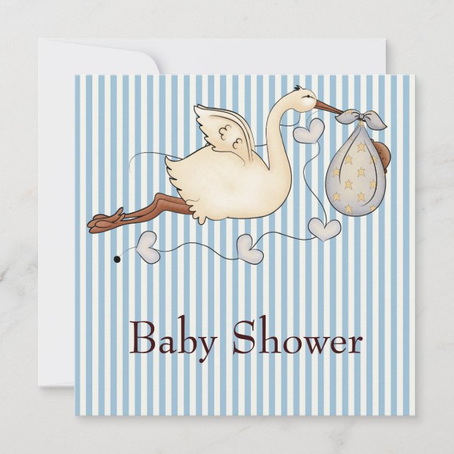 Blue Stripe Stork Baby Boy Dusche Einladung (Vorderseite)