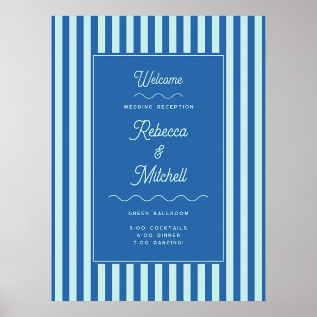 Blue Stripe Vintage Hochzeit Willkommen Poster (Vorne)